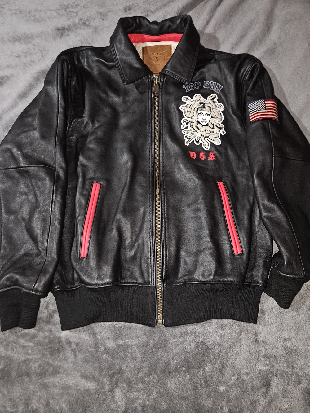 Top Gun Black Leather Bomber Jacket with Red Trim